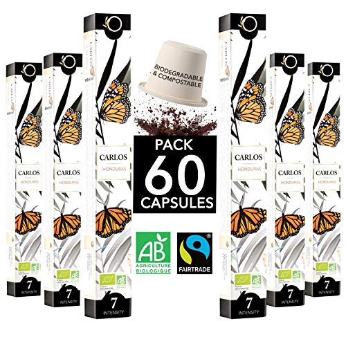 Nespresso Kapseln Kompatibel | BIO FAIRTRADE Arabica Kaffee in Kapseln Biologisch abbaubar | CARLOS Sortenreiner Kaffee Honduras, 60 Kaffeekapseln | Traditionelle Röstung von Origeens