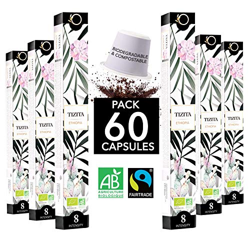 Nespresso Kapseln Kompatibel | BIO FAIRTRADE Arabica Kaffee in Kapseln Biologisch abbaubar | TIZITA Sortenreiner Kaffee Äthiopien (Mokka), 60 Kaffeekapseln | Traditionelle Röstung von Origeens