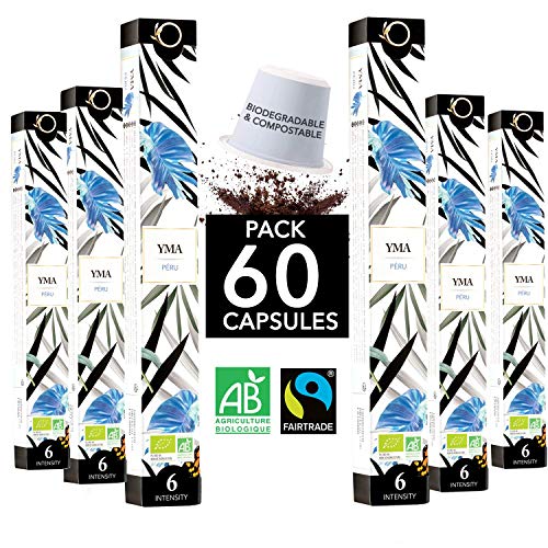 Nespresso Kapseln Kompatibel | BIO FAIRTRADE Arabica Kaffee in Kapseln Biologisch abbaubar | YMA Sortenreiner Kaffee Peru, 60 Kaffeekapseln | Traditionelle Röstung von Origeens