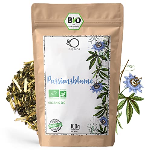 ORIGEENS BIO PASSIONSBLUME TEE 100g | Schlaf Tee und Anti Stress Tee | BIO Passionsblumenkraut, Oberirdische Teile (Blätter, Stängel, Blüten) von Origeens