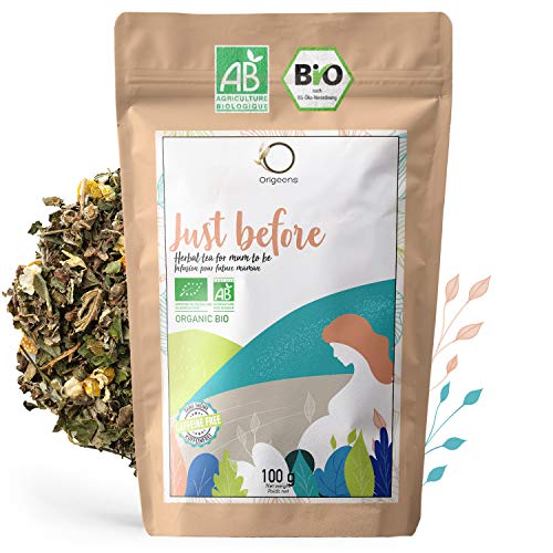 ORIGEENS BIO TEE SCHWANGERSCHAFT/WOCHENBETT 100g | Himbeerblätter und Kamille mit Orangengeschmack | Entspannender Bio Himbeerblättertee werdende Mama zur Geburtsvorbereitung | Heiß und Eistee von Origeens