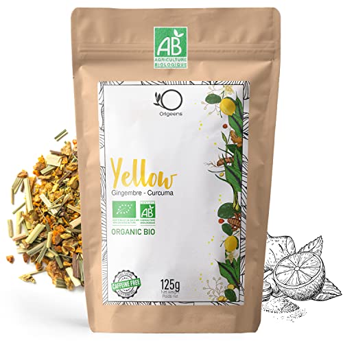 ORIGEENS BIO TEE INGWER KURKUMA Yell-OW! 125g | Bio Kräuter-Tee Kurkuma Schwarzem Pfeffer Ingwer und Zitrone | Als Eistee, heißer Kräutertee, Goldene Milch, Kurkuma Latte von Origeens