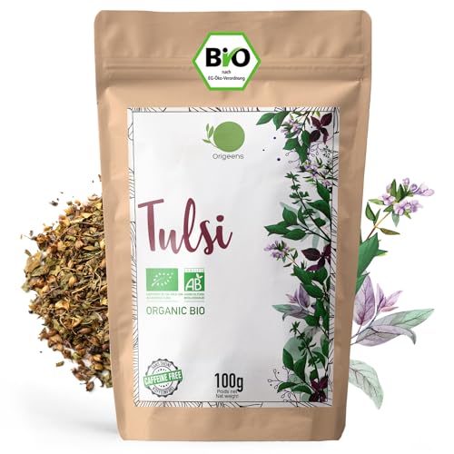 ORIGEENS BIO TULSI 100g | Indisches Basilikum, getrocknete Blätter | Bio Tulsi Tee lose ohne Teein, Anti-Stress Tee und Ayurveda tee von Origeens