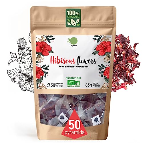 ORIGEENS HIBISKUSTEE BIO Premiumqualität - 50 Beutel | Bio Hibiskusblüten getrocknet für Tee, Früchtetee, Eistee, Karkade tee | Hibiskus Tee für Drainage Detox-Kur von Origeens