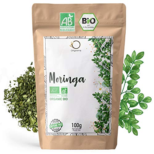 ORIGEENS MORINGA TEE BIO 100g | MORINGA TEE BLÄTTER GETROCKNET | Moringa Bio Roh Loses ohne Teein, belebender Kräutertee | In Deutschland zertifiziert und verpackt von Origeens