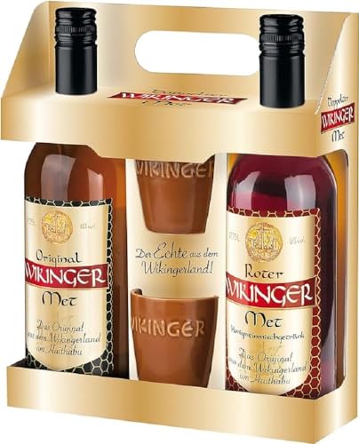 Wikinger | Original & Roter Met im Geschenkset | 2x0,75 L. inkl. 2 Becher | Honigwein aus dem Ursprungsland der Wikinger in Norddeutschland | fruchtig-aromatischer Met von Original Wikinger Met