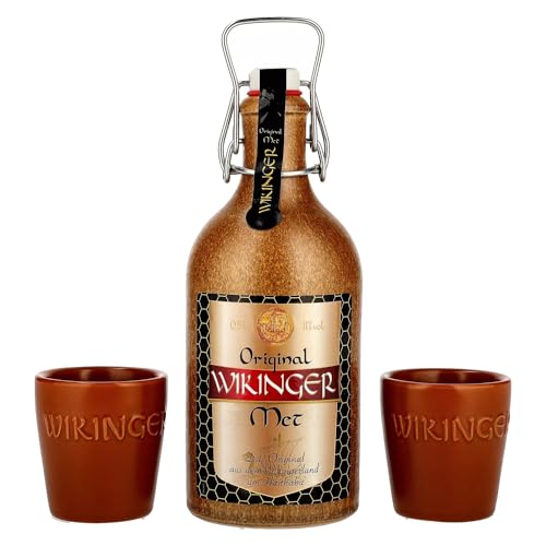 Wikinger Met (0,5l) Geschenkset inkl. 2 Trinkbecher – Original Met Honigwein im Tonkrug aus dem Wikingerland – Fruchtig-aromatischer Honigmet mit feinen Blütenhonignoten – 11 % Vol. von Original Wikinger Met