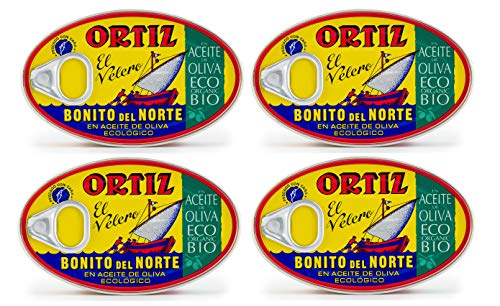 Ortiz Weißer Thunfisch in Bio-Olivenöl | 4 Stück | Bonito del Norte Thunfisch in Bio-EVOO importiert aus Spanien | wild gefangen | 100% natürlich | Premium-Fische in 112 g Dose (112 g) von Ortiz