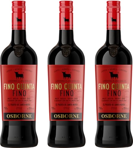 Osborne Sherry Fino Quinta – Hochwertiger, trockener Sherry, hergestellt nach dem Solera-Verfahren aus Andalusien in Spanien mit 15% vol. (3 x 0,75l) von Osborne