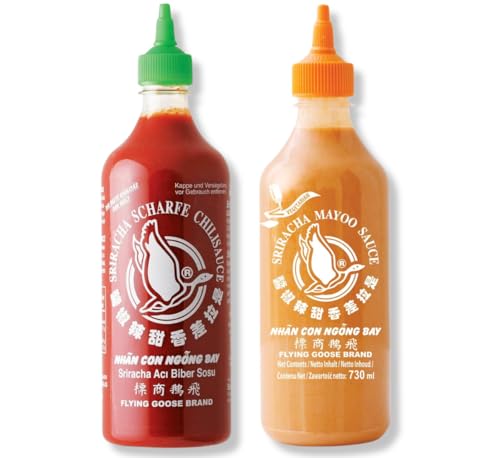 Flying Goose Pack 2 x 730 ml – Sriracha Chilisauce (grüner Deckel) + Sriracha Mayoo leicht würzige Mayonnaisesauce (orangefarbener Deckel), authentischer thailändischer Geschmack von OsoRetail