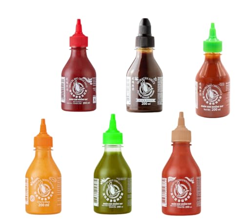 Flying Goose Sriracha-Pack, 6 x 200 ml – Originalaromen, Black Pepper, Extra Garlic, Green Chilli, Super Hot und Mayo | Thai-Verkostungs-Set | Glutenfrei Flying Goose Sriracha-Pack, 6 x 200 ml – Originalaromen, Black Pepper, Extra Garlic, Green Chilli, Super Hot und Mayo | Thai-Verkostungs-Set | Glutenfrei von OsoRetail