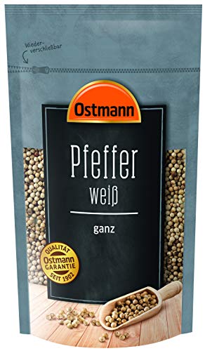 Ostmann Pfeffer weiß ganz 250 g, weiße ungemahlene Pfefferkörner, weißer Pfeffer ganz, für Pfefferstreuer & helle Speisen von Ostmann