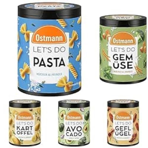 Ostmann Gewürze - Let's Do Gewürze-Starterset | Gewürzmischungen für Pasta (70 g), Gemüse (85 g) Geflügel (80 g), Avocado (70 g) und Kartoffel (90 g) in recyclebarer Metalldose von Ostmann