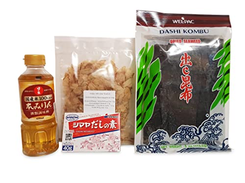 Hon Mirin, Dashi Kombu Dried Kelp Braunalgen, Katsuobushi 100% Bonito-Flocken, Zutaten, Grundzutaten, Dashi no Moto Shimaya, Dashino-Moto Würzpulver für Dashi Rezeptvorschlag, Rezept von Otsumami-Land.com