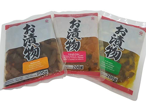 Tsukemono 3er Set: Aokappa Gurken, Fukujinzuke, Shibazuke, Tsukemono, eingelegtes japanisches Gemüse 3 x 200g von Otsumami-Land.com