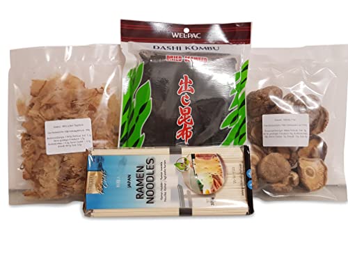 Dashi Kombu Algen 113,4g, Shiitake Pilze getrocknet 50g Katsuobushi Bonitoflocken 25g japanische Ramen Nudeln 375g von Otsumami-Land