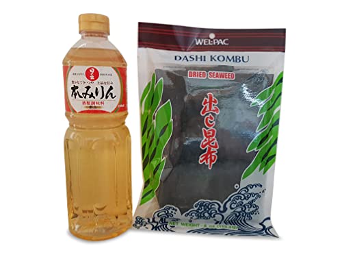 Hon Mirin (der Echte) 14% Alc. Reiswein zum Kochen, süßer Kochreiswein 1000ml, Dashi Kombu Braunalge Dried Seaweed Kelp 113,4g von Otsumami-Land