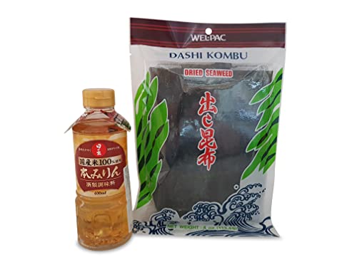 Hon Mirin (der Echte) 14% Alc. Reiswein zum Kochen, süßer Kochreiswein 400ml, Dashi Kombu Braunalge Dried Seaweed Kelp 113,4g von Otsumami-Land