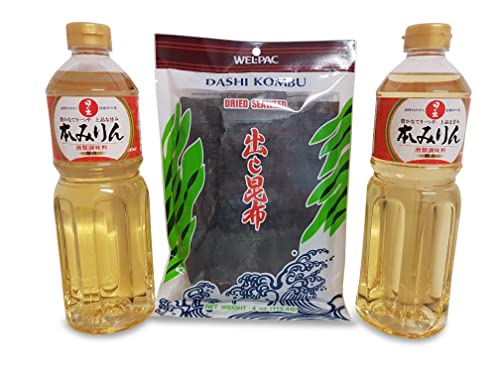 Hon Mirin 14% Alc. Reiswein zum Kochen, Süßer Kochreiswein 2 Liter, Dashi Kombu Braunalge Dried Seaweed Kelp 113,4g von Otsumami-Land
