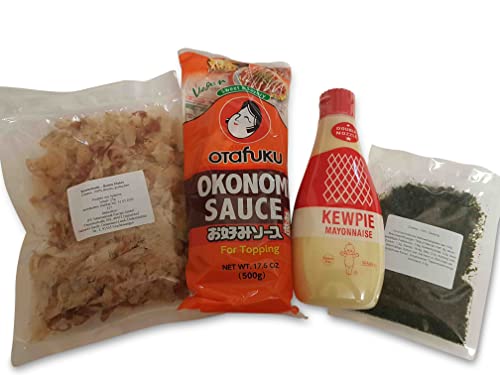 Okonomiyaki Zutaten, Okonomi Sauce, Kewpie Mayonnaise, Okonomiyaki Soße, Katsuobushi - Bonitoflocken, Aonoriko, Aonori von Otsumami-Land