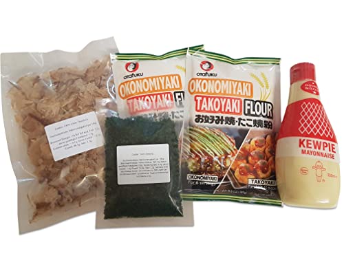 Takoyaki Zutaten im Set: Takoyaki-Mehl 360g, japanische Kewpie Mayonnaise 355ml, Katsuobushi 25g, Aonori 10g, Takoyakimehl Grundzutaten von Otsumami-Land