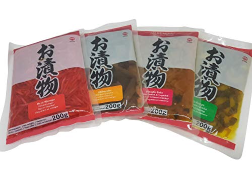 Tsukemono 4er Set Benishouga Beni-Shoga eingelegte Ingwerstifte, Aokappa Kappazuke Gurken, Fukujinzuke, Shibazuke, Tsukemono, eingelegtes japanisches Gemüse 4 x 200g von Otsumami-Land