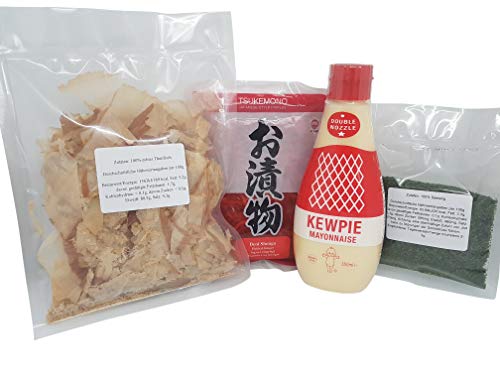 Yakisoba, Takoyaki, Okonomiyaki Zutaten: Katsuobushi (100%) Bonito Flocken, Benishoga, japanische Mayonnaise QP Kewpie, Aonori ko, Grundzutaten Rezept, Rezeptvorschlag von Otsumami-Land