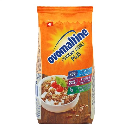 Ovomaltine Crunchy Protein Müsli Plus - Knusper- mit Haferflocken - Cerealienmischung mit 22 Prozent Protein, ein Drittel weniger Zucker und unvergleichlichem Crunch (1 x 300g) von Ovomaltine