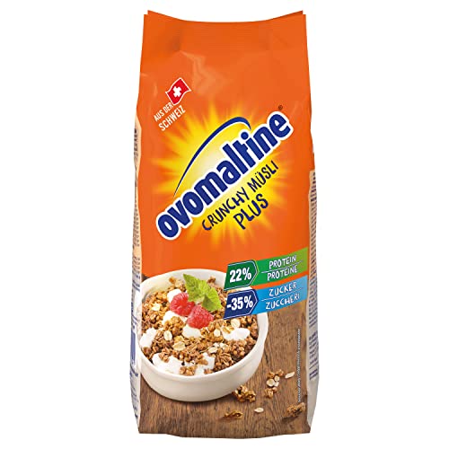 Ovomaltine Crunchy Protein Müsli Plus - Knusper-Müsli mit Haferflocken - Cerealienmischung mit 22 Prozent Protein, ein Drittel weniger Zucker und unvergleichlichem Crunch (1 x 300g) von Ovomaltine