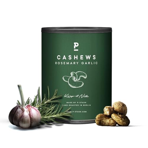 P-STASH Cashew Rosmarin Knoblauch, Edle Cashewkerne 55g, fettfreie Trommelröstung, Nussmischung mit einzigartigen Gewürzkombinationen, Premium Nuts made in Berlin von P-Stash
