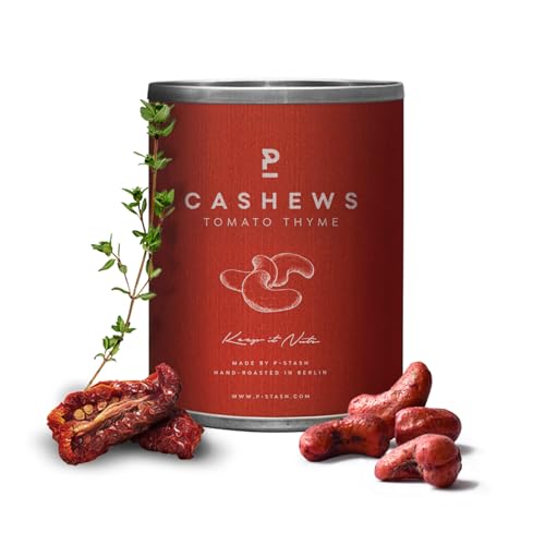P-STASH Cashew Tomate Thymian, Edle Cashewkerne 55g, fettfreie Trommelröstung, Nussmischung mit einzigartigen Gewürzkombinationen, Premium Nuts made in Berlin von P-Stash