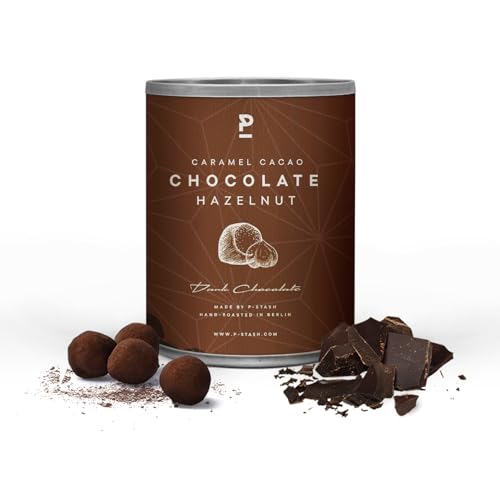 P-STASH Haselnuss dunkle Schokolade mit Karamell & Kakao, Edle Haselnüsse 60g, fettfreie Trommelröstung, Nussmischung mit einzigartigen Gewürzkombinationen, Premium Nuts made in Berlin von P-Stash