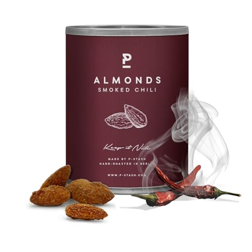 P-STASH Mandel Chili Rauch, Edle Mandeln geröstet 60g, fettfreie Trommelröstung, Nussmischung mit einzigartigen Gewürzkombinationen, Premium Nuts made in Berlin von P-Stash