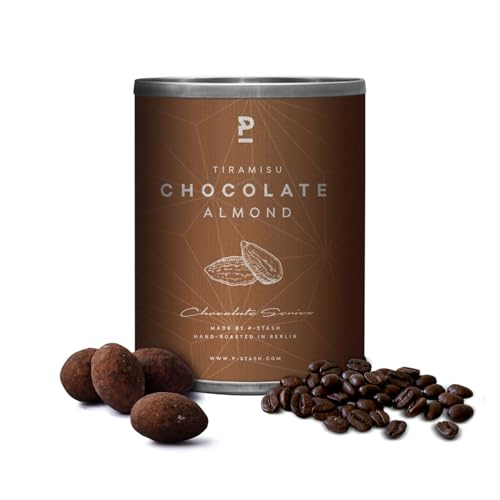 P-STASH Mandel Dunkle Schokolade Tiramisu, Edle Mandeln geröstet 60g, fettfreie Trommelröstung, Nussmischung mit einzigartigen Gewürzkombinationen, Premium Nuts made in Berlin von P-Stash