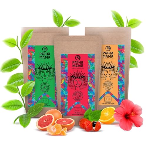 Dreierpack Guayusa Pachamama | Guayusa Pachamama Energia, Citrus und Pure | Traditioneller Guayusa-Tee, mit Zitrusfrüchten und mit Guarana | Bio Ilex guayusa | Natürliches Koffein | 1250g | 1,25kg von PACHAMAMA