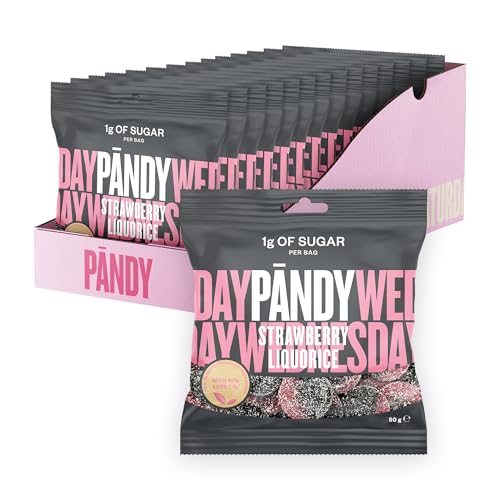 PANDY –Zuckerfreie Fruchtgummis – Erdbeere und Lakritz,– köstliche Kombination aus Erdbeere und Lakritze, nur 1 g Zucker und 75 Kalorien, 14 × 50 g von PÄNDY