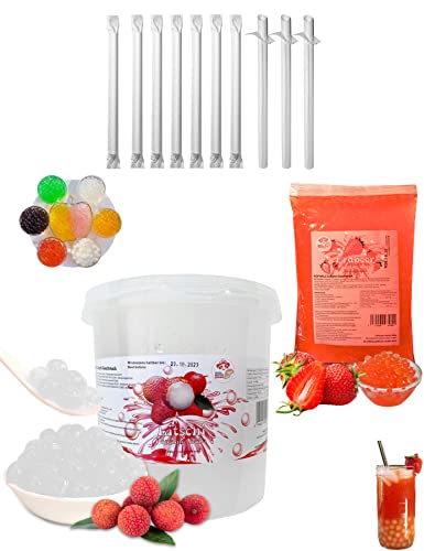 Bubble Tea DIY Set 1*3kg Litschi Popping Boba+ 1*600g Erdbeere Boba + 10st Einweg Papier Strohhalme 100% glutenfrei Alkoholfreie Getränke von PANDA MEISTER