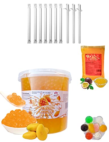 Bubble Tea DIY Set 1 * 3kg Mango Popping Boba+ 1 * 600g Maracuja Popping Boba + 10st Einweg Papier Strohhalme 100% glutenfrei Alkoholfreie Getränke Popping Boba Mix Perlen von PANDA MEISTER