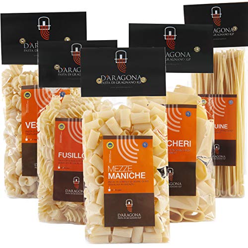 PASTA D'ARAGONA GRAGNANO IGP - PAKET CILENTO Gemischte Formate 5 x 500 GR. Italienische Exzellenz, Pasta Hartweizengrieß Bronze-Schublade (Paccheri, Mezzi Paccheri, Fusillone, Vesuvio, Linguine) von PASTA D'ARAGONA GRAGNANO IGP