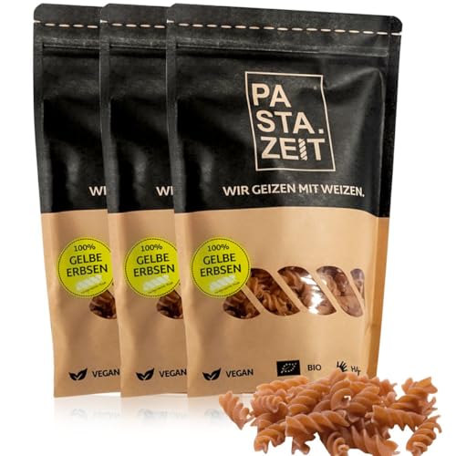 PASTAZEIT Bio Gelbe Erbsennudeln - Fusilli Protein Pasta - High Protein Noodle - Eiweiß Pasta - Ideal für Sportler - wenig Kohlenhydrate - vegetarisch, vegan (3x 250g) von PASTAZEIT