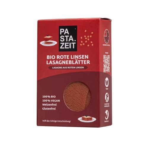 PASTAZEIT Bio Rote Linsen Lasagneblätter glutenfrei - Protein Lasagneplatten aus Bio Rote Linsen - Low Carb Lasagne Nudelteigblätter - handgemacht, vegan (1 x 250g) von PASTAZEIT