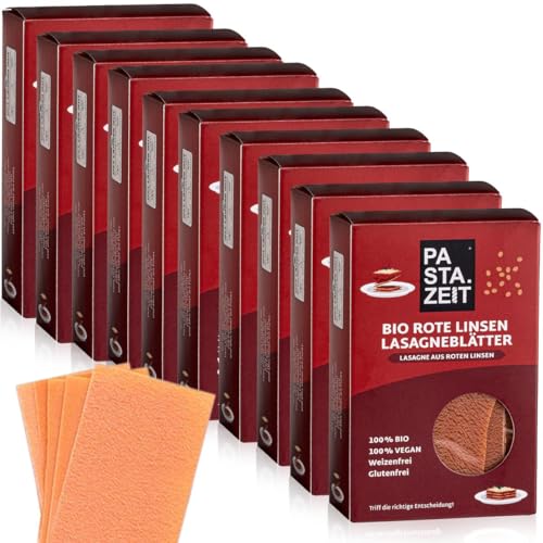 PASTAZEIT Bio Rote Linsen Lasagneblätter glutenfrei - Protein Lasagneplatten aus Bio Rote Linsen - Low Carb Lasagne Nudelteigblätter - handgemacht, vegan (10 x 250g) von PASTAZEIT