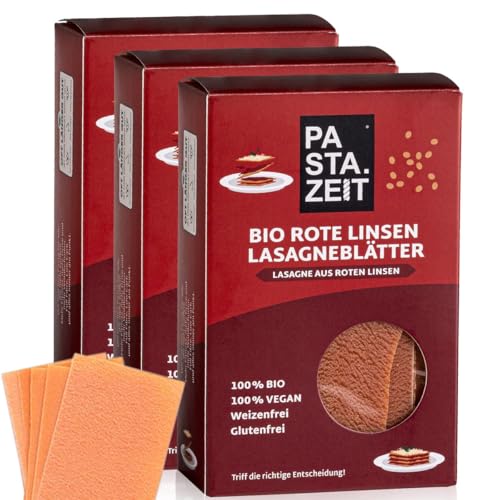 PASTAZEIT Bio Rote Linsen Lasagneblätter glutenfrei - Protein Lasagneplatten aus Bio Rote Linsen - Low Carb Lasagne Nudelteigblätter - handgemacht, vegan (3 x 250g) von PASTAZEIT