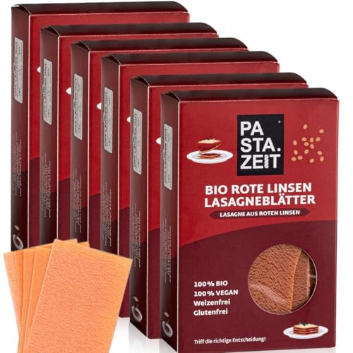 PASTAZEIT Bio Rote Linsen Lasagneblätter glutenfrei - Protein Lasagneplatten aus Bio Rote Linsen - Low Carb Lasagne Nudelteigblätter - handgemacht, vegan (6 x 250g) von PASTAZEIT