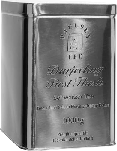 Bio Darjeeling First Flush, Ernte 2021, schwarzer Tee, 1000g (59,95 Euro/kg), in sehr hochwertiger Edelstahldose Silber gänzend, rückstandskontrolliert & zertifiziert von PAULSEN TEE PURE TEA