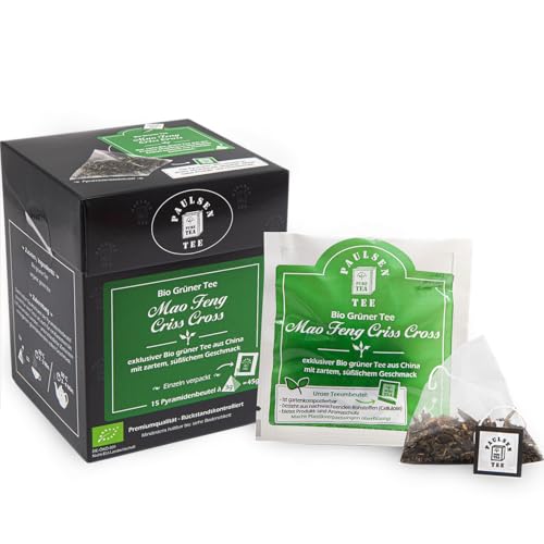Bio Mao Feng Criss Cross 15 x 3g, einzeln kuvertiert, Paulsen Tee Grüner Tee im Pyramidenbeutel - Bio, rückstandskontrolliert & zertifiziert von PAULSEN TEE PURE TEA