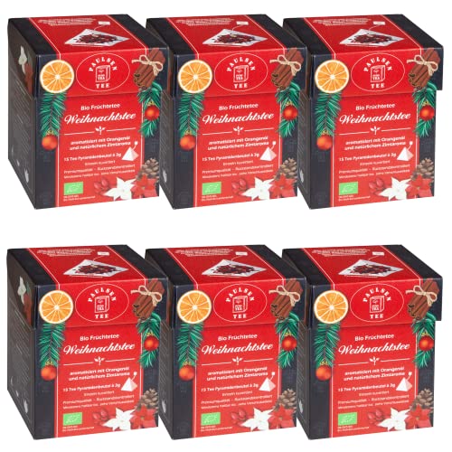 Bio Weihnachtstee 6 x 45g (129,63 Euro / kg) Paulsen Tee Früchtetee einzeln kuvertiert im Pyramidenbeutel - Bio, rückstandskontrolliert & zertifiziert von PAULSEN TEE PURE TEA