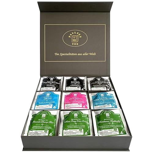 Exklusive Bio-Tee Geschenkbox mit Schwarzen, grünen, weißen Tees 45 Pyramiden, einzeln kuvertiert von PAULSEN TEE PURE TEA