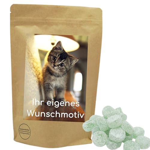 Deine Naschbox | Naschbeutel mit eigenem Motiv | kompostierbar | Größe L | gefüllt mit 800g zuckerfreien Fruchtgummi Eukamints - Erfrischend & Minzig von PE ÄM