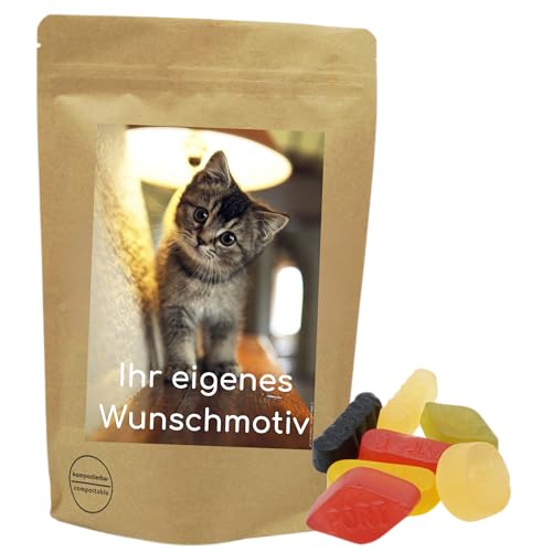 Deine Naschbox | Naschbeutel mit eigenem Motiv | kompostierbar | Größe M | gefüllt mit 450g englischem Weingummi - Fruchtig Bissfest & Saftig von PE ÄM